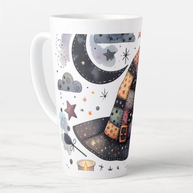 Whimsical Witch Hat and Celestial Magic Latte Mug (Left Angle)
