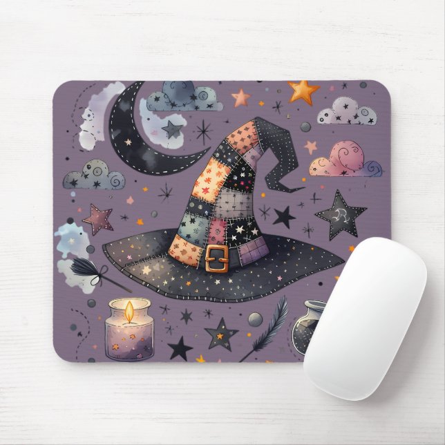 Whimsical Witch Hat and Celestial Magic Mouse Mat (With Mouse)