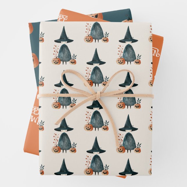 Whimsical Witch& Jack-o-Lanterns Halloween Pattern Wrapping Paper Sheet (In situ)