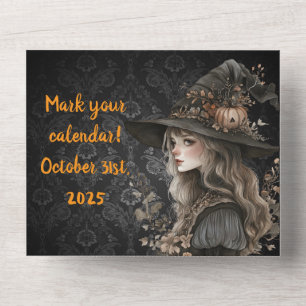 Whimsical Witch on Black Damask All In One Invitation