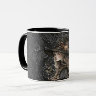 Whimsical Witch on Black Damask Mug