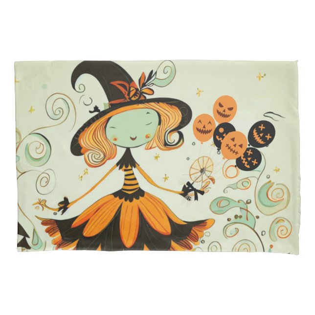 whimsical/witch/pumpkin/fall pillowcase (Front)