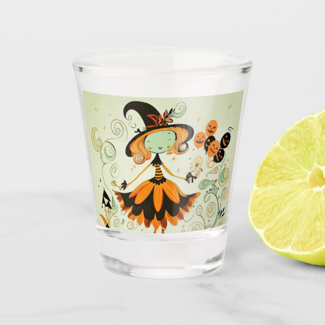 whimsical/witch/pumpkin/fall shot glass (Front)