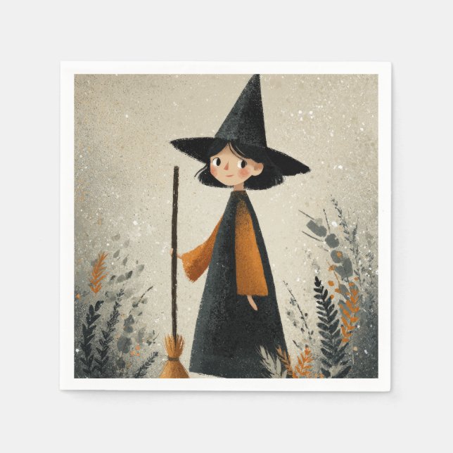 Whimsical Witch Watercolor Halloween Napkin (Front)