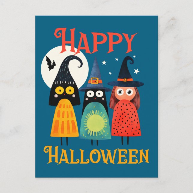 Whimsical Witches Colourful Happy Halloween Postcard (Front)