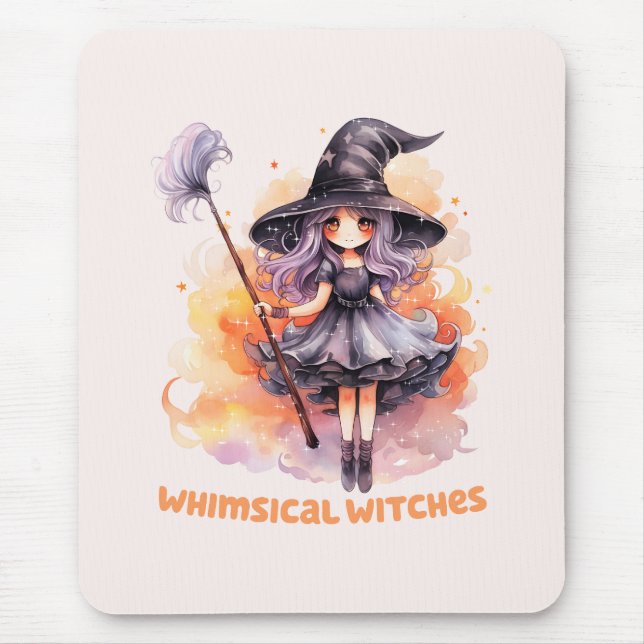 Whimsical Witches – Cute Halloween Witch Mouse Mat (Front)