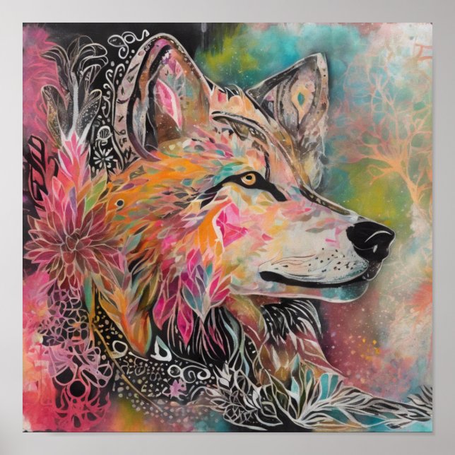 Whimsical Wolf Portrait Poster (Front)