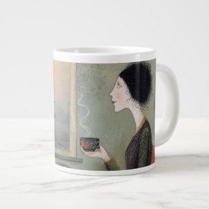 Whimsical Woman Sitting at Window Holding Large Coffee Mug