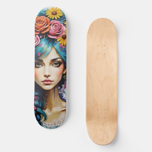 Whimsical Woman's Face Floral Skateboard (Front)