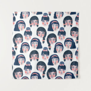 Whimsical Women: Cartoon Face Art Tapestry