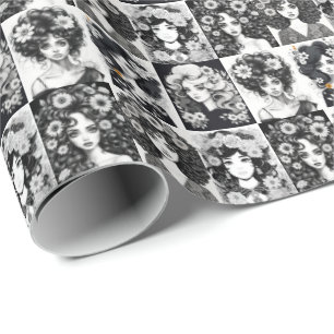 Whimsical Women in Black and White Wrapping Paper