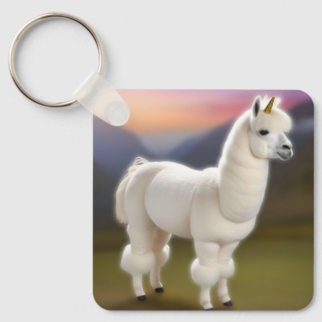 "Whimsical Wonder: White Pom-Pom Alpaca Unicorn" Key Ring (Front)