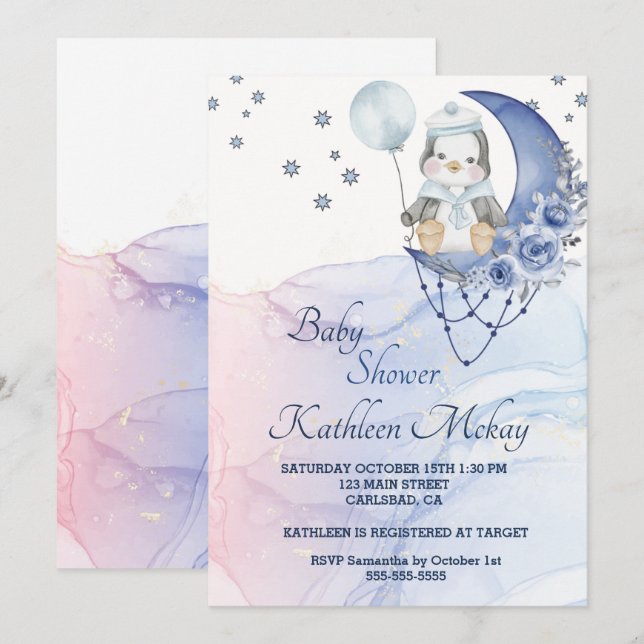 Whimsical Wonderland Blue Penguin Baby shower boy Invitation (Front/Back)