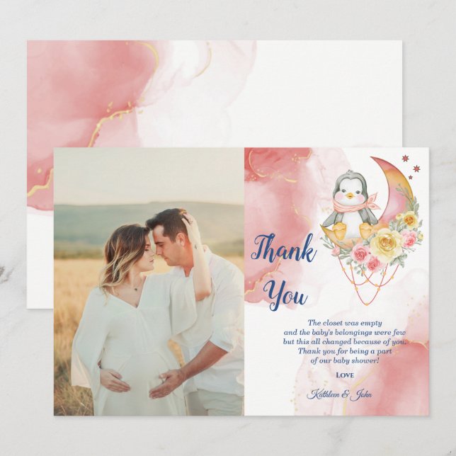 Whimsical Wonderland Pink Penguin Baby shower girl Thank You Card (Front/Back)