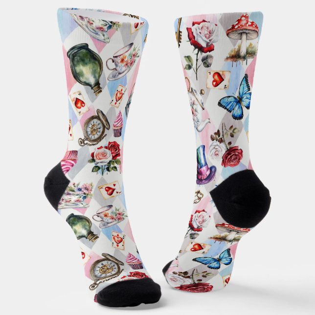 Whimsical Wonderland Watercolor Victorian Pattern Socks (Angled)