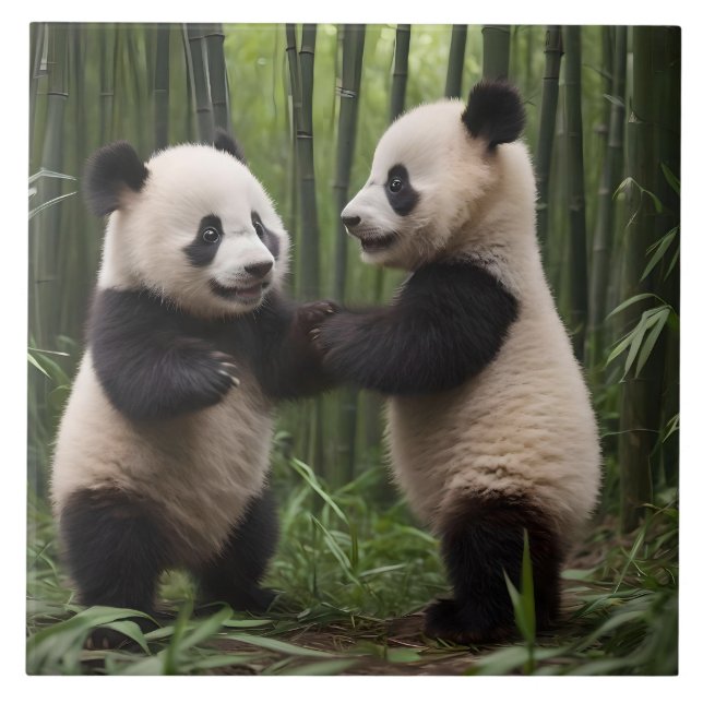Whimsical Wonders: Baby Pandas Play in Forest Tile (Front)