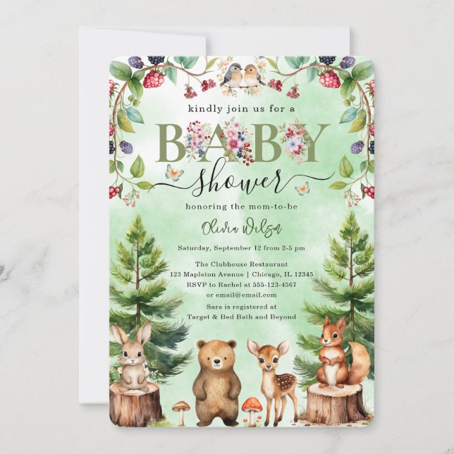 whimsical woodland animal berryflowers Baby shower Invitation (Front)