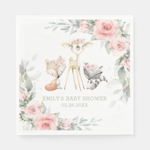 Whimsical Woodland Animals Baby Shower Pink Floral Napkin