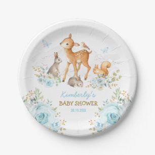 Whimsical Woodland Animals Blue Gold Floral Forest Paper Plate