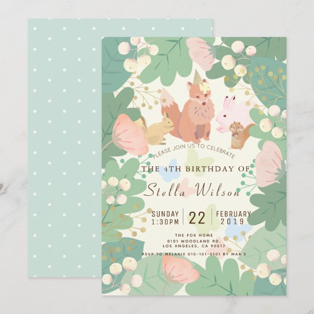 Whimsical Woodland Animals Floral Foliage Birthday Invitation (Front/Back)