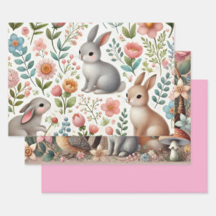 Whimsical Woodland Animals Floral Wrapping Paper Sheet
