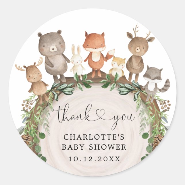 Whimsical Woodland Animals Greenery Baby Shower Classic Round Sticker (Front)