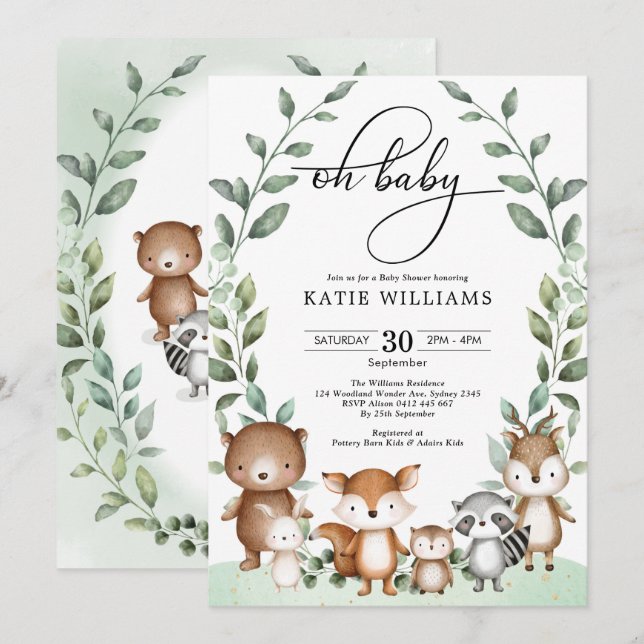 Whimsical Woodland Animals Greenery Baby Shower Invitation (Front/Back)