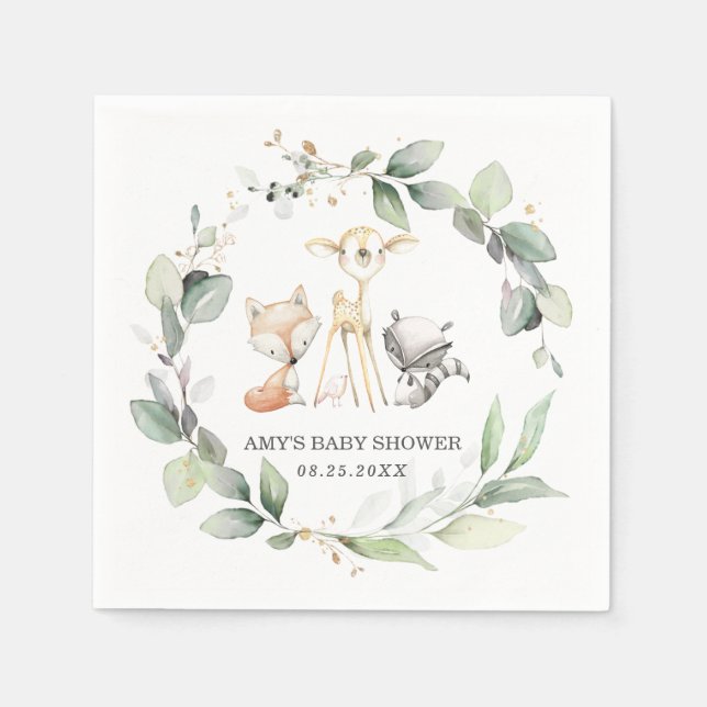Whimsical Woodland Animals Greenery Baby Shower Napkin (Front)