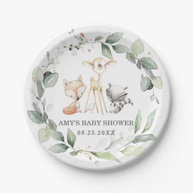 Whimsical Woodland Animals Greenery Baby Shower Paper Plate (Front)