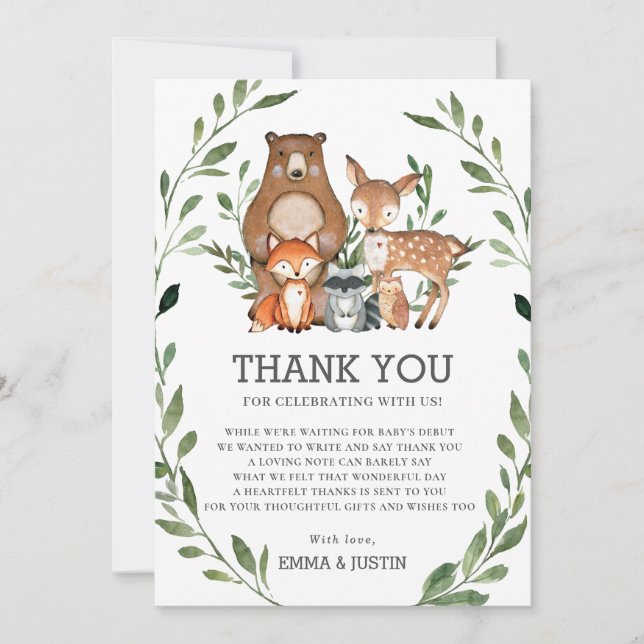 Whimsical Woodland Animals Greenery Baby Shower Thank You Card (Front)