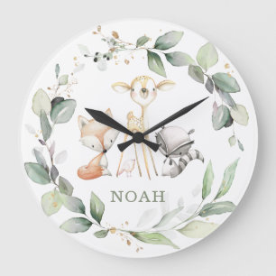 Whimsical Woodland Animals Greenery Boy Girl Room Large Clock