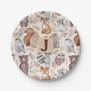 Whimsical Woodland Animals Monogram Party Paper Plate