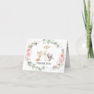 Whimsical Woodland Animals Pastel Pink Floral Baby Thank You Card