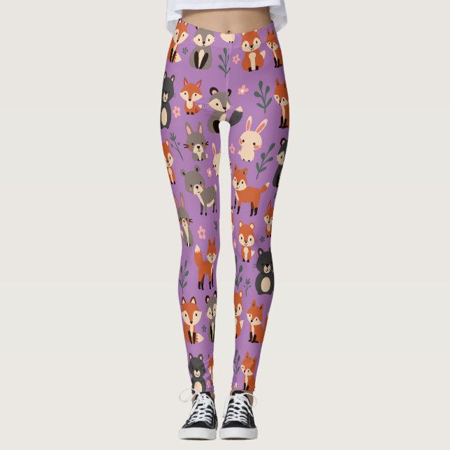 Whimsical Woodland Animals Pattern Leggings (Front)
