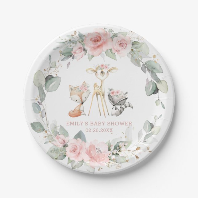 Whimsical Woodland Animals Pink Floral Baby Shower Paper Plate (Front)