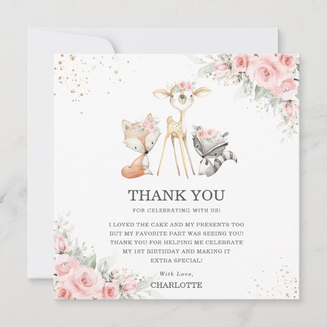 Whimsical Woodland Animals Pink Floral Birthday Thank You Card (Front)