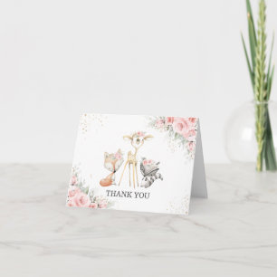 Whimsical Woodland Animals Soft Pink Floral Baby Thank You Card