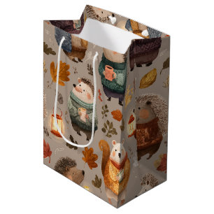 Whimsical Woodland Animals Watercolor Fall Leaves Medium Gift Bag