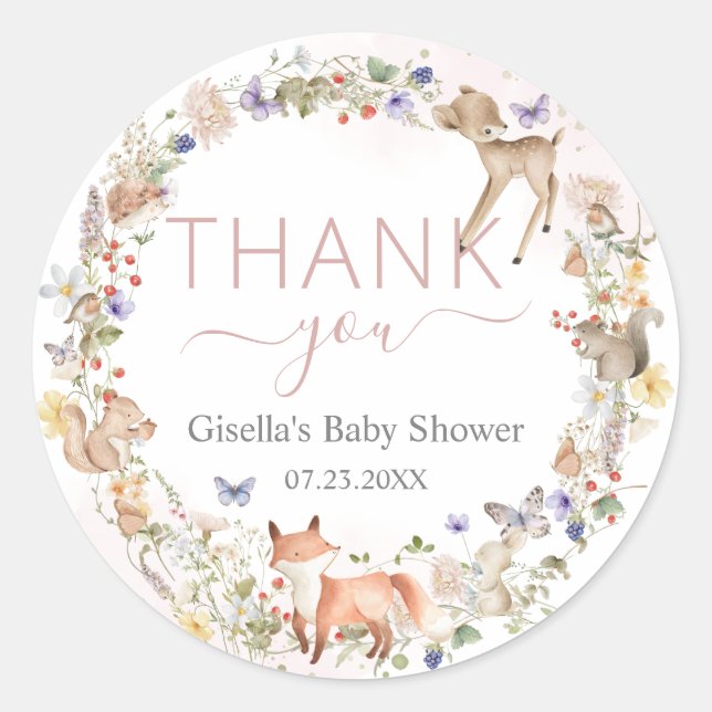 Whimsical Woodland Animals Wildflower Baby Shower  Classic Round Sticker (Front)