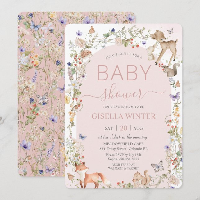 Whimsical Woodland Animals Wildflower Baby Shower  Invitation (Front/Back)