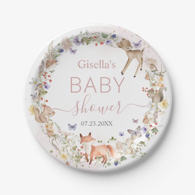 Whimsical Woodland Animals Wildflower Baby Shower  Paper Plate (Front)