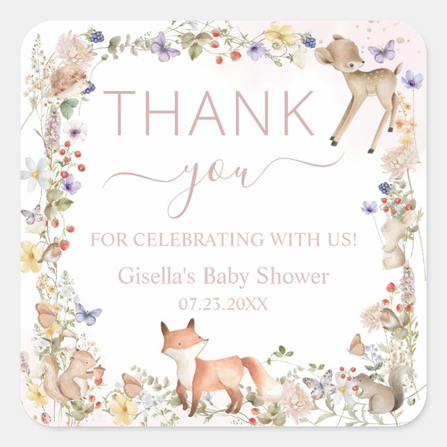 Whimsical Woodland Animals Wildflower Baby Shower  Square Sticker (Front)