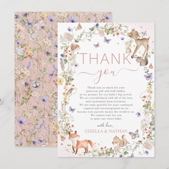 Whimsical Woodland Animals Wildflower Baby Shower Thank You Card (Front/Back)
