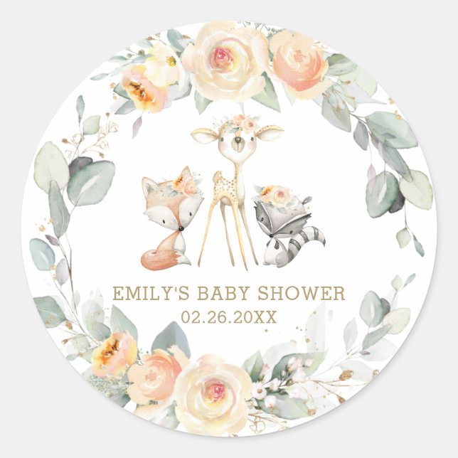 Whimsical Woodland Animals Yellow Floral Favour Classic Round Sticker (Front)