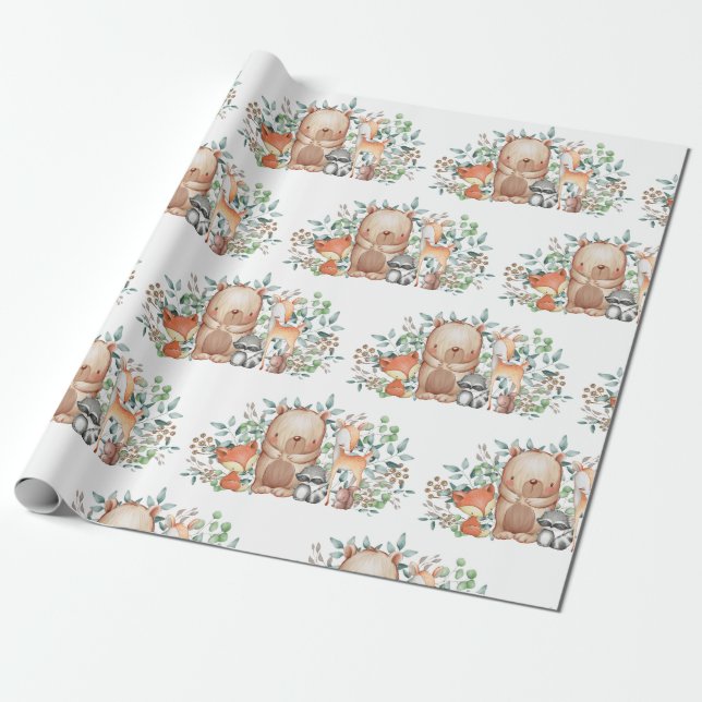 Whimsical Woodland Baby Animals 1st Birthday Party Wrapping Paper (Unrolled)