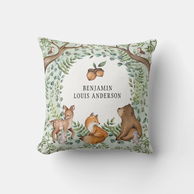 Whimsical Woodland Baby Animals Forest Greenery  Cushion (Front)