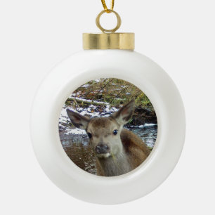 Whimsical Woodland Baby Deer Cheeky Face Ceramic Ball Christmas Ornament