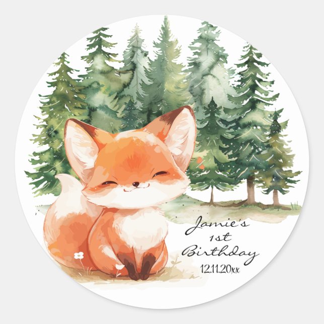 Whimsical Woodland Baby Fox 1st Birthday Classic Round Sticker (Front)
