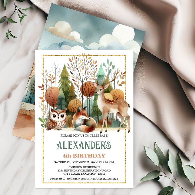 Whimsical Woodland Birthday Party Invitation (Whimsical woodland birthday party invitation front and back view.)