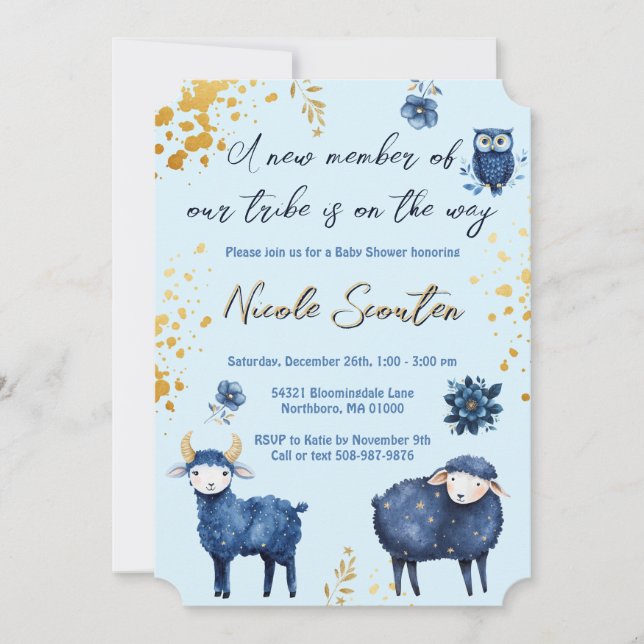 Whimsical Woodland Blue Gold Baby Shower Invitation (Front)